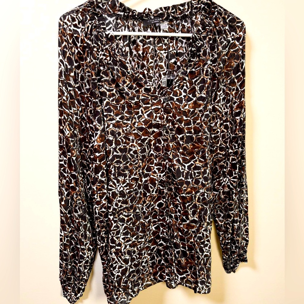 T Tahari Black Blue Print Blouse 1X NWT